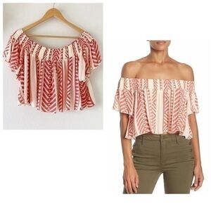 Elan Smocked Off the shoulder tribal Coral crop top NWT